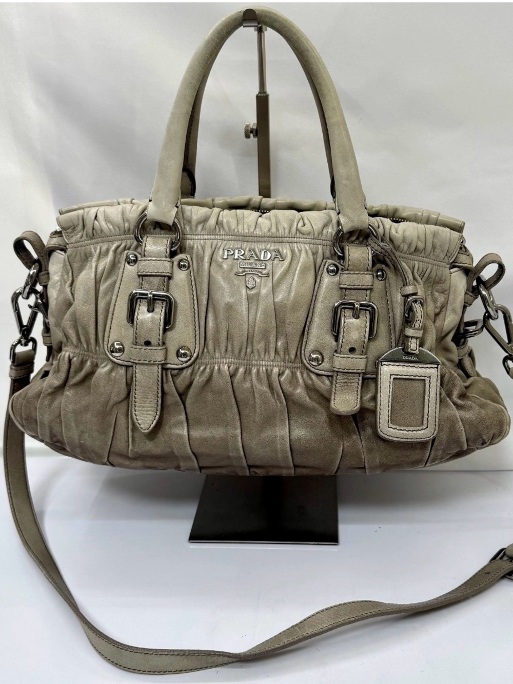 Prada Taupe Ruched Leather Shoulder Satchel with Removable Strap